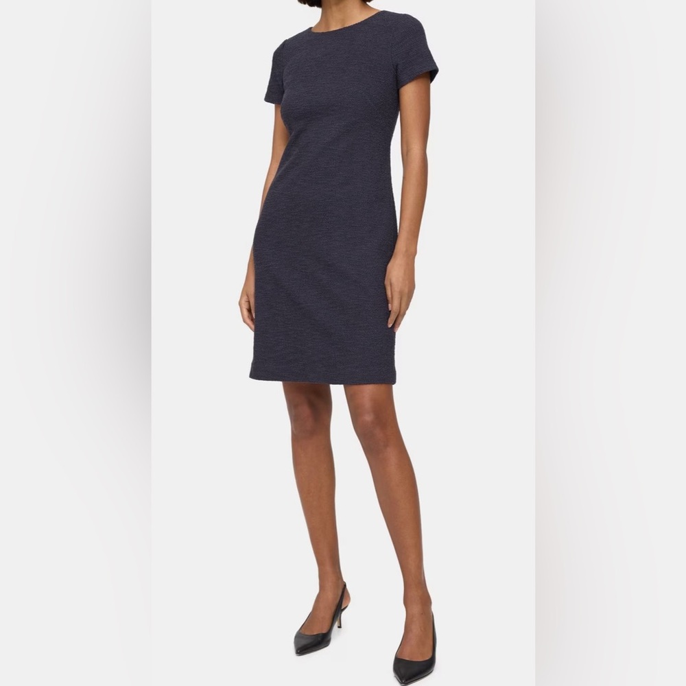 Theory Betty Short Sleeve Navy Sheath Dress in Stretch Tweed NWT